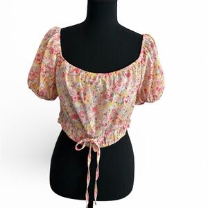 Multicolor Floral Puff Sleeve Off Shoulder Crop Top